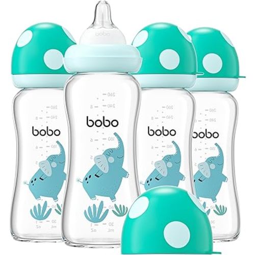 YOHKOH Natural Glass Baby Bottle with Natural Response Nipple, Newborn Anti-Colic Baby Bottles, Wide Neck Mushroom Cap Baby Bottle, Clear (8.8ounce (Pack of 4), Blue2)