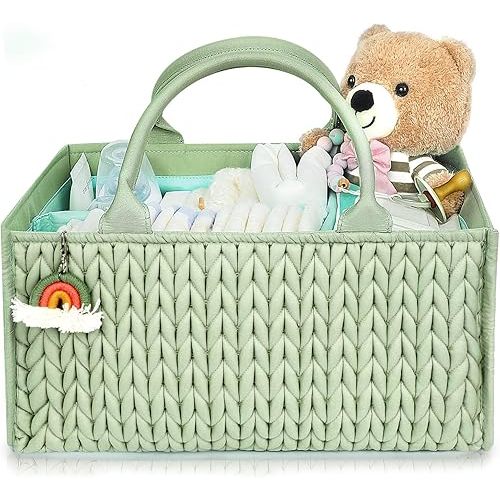 MOMINSIDE Diaper Caddy Organizer, Baby Basket Nursery Storage, Caddy Organizer for Portable Changing Table Dresser Car, Baby Registry Baby Shower Gifts for Girl Boy(Fair Green)