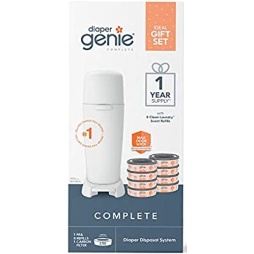 Diaper Genie Registry Gift Set | Includes Diaper Genie Complete Diaper Pail, 8 Refill Bags, 1 Carbon Filter | 1 Year Supply