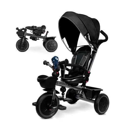 KRIDDO 7-in-1 Tricycle Stroller for Toddlers 18 Months to 5 Years, Adjustable Push Handle, Rotatable Seat, Cup Holder and Retractable Canopy, Folding Baby Trike w/Detachable Guardrail, Footrest, GY