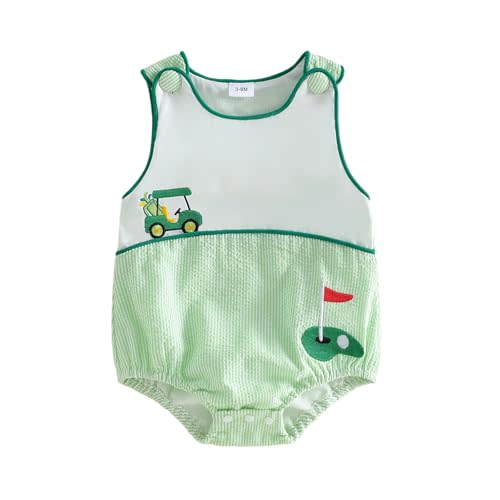 Baby Boy Girl Golf Outfit Newborn Golf Cart/Baseball Embroidery Bubble Romper Overalls Masters Golf Summer Outfits