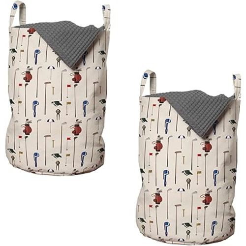 Ambesonne Golf Laundry Bag Pack of 2, Club and Ball Sport Theme Equipment Stroke Play Golfer Activity Leisure Hobby Design, Hamper Basket with Handles Drawstring Closure, 13" x 19", Cream Tan