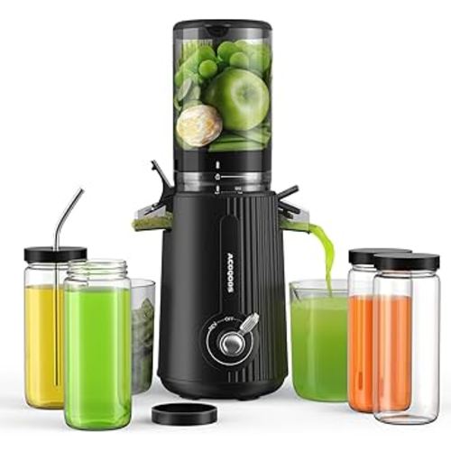 ACOQOOS Cold Press Juicer Machines with 10 Glass Juice Bottles, Cold Press Juicer Whole Fruit and Vegetable with 4.3" Feeding Chute, Easy to Clean Juicers with 2 Cups, Masticating Juicer Black