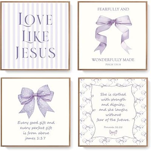 LARTSFRO Coquette Purple Bow Jesus Wall Art Decor Posters, Purple Bow Christian Room Bedroom Bathroom Dorm Wall Art Decor Aesthetic for Teen Girls Gifts, Inspirational Bible Verses Bow Wall Decor, 10x10 Inch Set of 4 Bow Pictures (UNFRAMED)