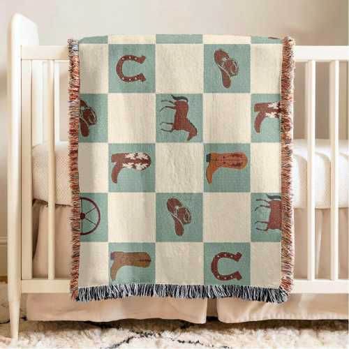 Cowboy Baby Blanket Boys Western Nursery Decoration Green Checker Blanket Personal Baby Shower Gift Newborn Keepsake Gift For Grandson