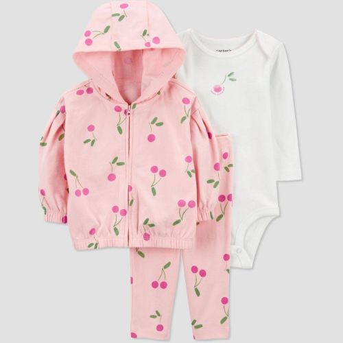 Carter's Just One You®️ Baby Girls' Cherries Top & Bottom Set - Pink 3m: 3-piece Cotton Cardigan, Bodysuit & Pants, Food Pattern