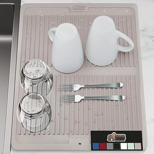GORILLA GRIP Patent Pending BPA-Free Silicone Dish Drying Mat for Kitchen Counter, 18x24 in, Water Catching Ribbed Design, Easy Clean Waterproof Sink Liner, Heat Resistant, Fits Under Dry Rack, Almond