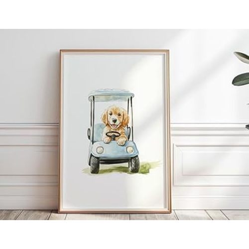 Golden Retriever Golf Print, Puppy Golf Nursery Wall Art For Boy, Dog In Cart Nursery Decor Watercolor Dog Playing Golden Retriever Poster Puppy Wall Decor,171