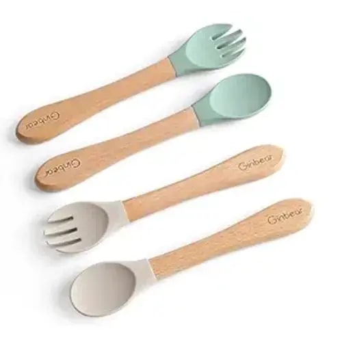 Ginbear Silicone Baby Spoon and Fork Set Self-feeding, Baby Flatware Sets, Toddler Feeding Utensils for Child 6 Months+ (Hazy Green/Almond) - Green+Almond