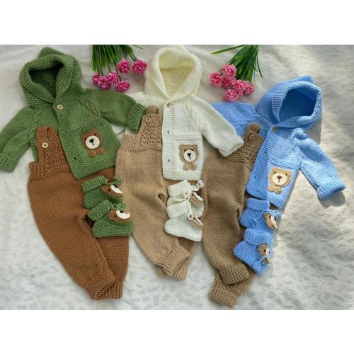 3 piece Teddy Bear Rompers Set, Knitted Newborn Clothes, Coming Home Baby Clothes, Knitted Baby Clothes, Coming Home Hospital Gift