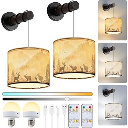 Wireless Wall Sconce Set of Two, Wall Sconces Battery Operated with Remote Control, Dimmable Rustic Deer, Battery Wall Sconce for Living Room, Bedroom, Hallway