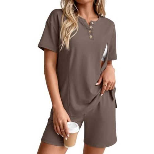 2 Piece Maternity Nursing Pajama Set Postpartum Sleepwear Breastfeeding Short Sleeve and Shorts with Hidden Zipper