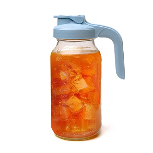 County Line Kitchen Glass Mason Jar Pitcher with Lid - Wide Mouth, 2 Quart (64 oz) - Heavy Duty, Leak Proof - Sun & Iced Tea Dispenser, Cold Brew Coffee, Breast Milk Storage, Water & More - Sky Blue