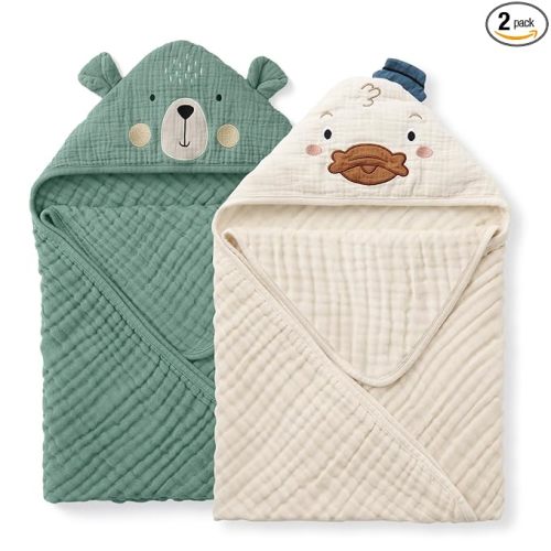 Blissful Diary Muslin Baby Hooded Towel 2 Pack, Soft & Absorbent Bath Towel for Infant, Toddler, Unisex, Baby Gift, Newborn Essentials, Bear & Duck