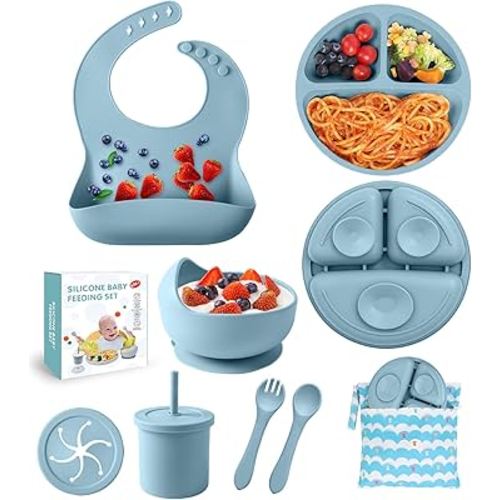 Silicone Baby Feeding Set, 10 Pcs Baby Led Weaning Supplies Baby Eating Essentials Set with Suction Bowl Divided Plate Adjustable Bib Soft Spoon Fork Cup with Lid Drinking Cup, Travel Bag (Blue)