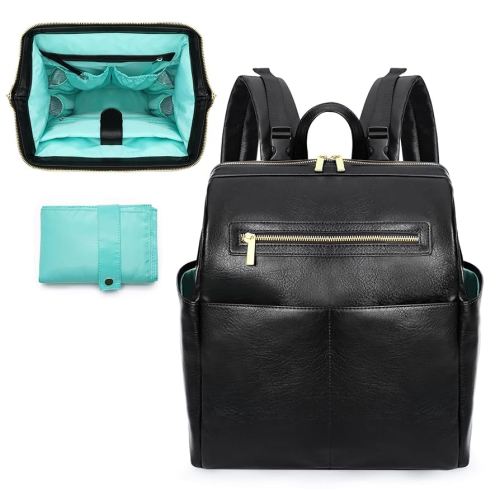 MOMINSIDE Diaper Bag Backpack, Leather Backpack with 16 Pockets for Mom Dad, Baby Registry Search, Fits 15 Inch Laptop, 4 Insulated Pockets, Changing Pad, Black