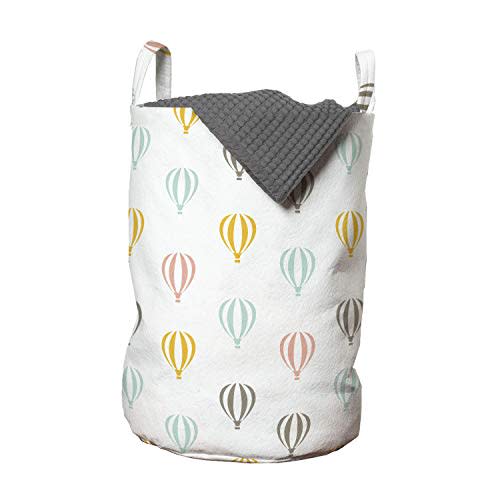 Ambesonne Adventure Cartoon Laundry Bag, Minimalist Hot Air Balloons Repeating Pattern, Hamper Basket with Handles Drawstring Closure for Laundromats, 13" x 19", Orange Pink
