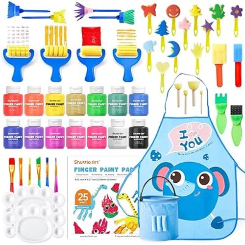 Washable Finger Paint Set, Shuttle Art 46 Pack Kids Paint Set with 14 Colors(60ml) Finger Paints, Brushes, Finger Paint Pad, Sponge, Palette, Smock, NonToxic for Toddlers Home Activity Early Education