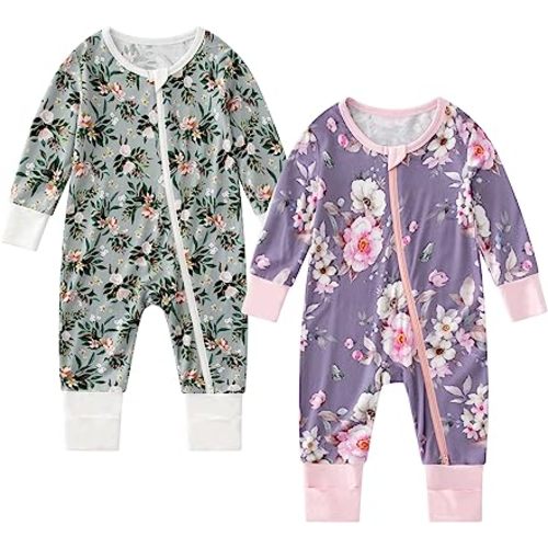 OPAWO Viscose from Bamboo Baby Pajamas Girl 2pack Mittens Cuff 2 Way Zipper Soft Footless Sleeper Baby Boy One-Piece Romper