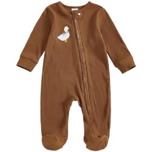 XRTBMN Baby Boy Animal Footies Rompers Long Sleeve Embroidery Goose Lion Footed Jumpsuits Newborn Coming Home Outfits (Brown, 3-6 Months)