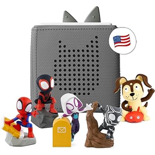 Toniebox Audio Player Starter Set with Spidey, Ghost-Spider, Spin, Black Panther, and Playtime Puppy - Listen, Learn, and Play with One Huggable Little Box - Gray