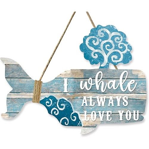 OLMIXA I Whale Always Love You Wooden Hanging Sign (12x8.9inch), Ocean Baby Door Hanger, Summer Beach Decor for Bathroom Nursery Bedroom Baby Shower