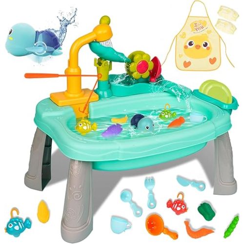 Kids Play Sink with Running Water, Mini Water Table for Toddlers 1-3, Upgraded Faucet and Play Dishes, Children Electric Dishwasher Playing Toy, Kitchen Sensory Toy Sets for Girls and Boys
