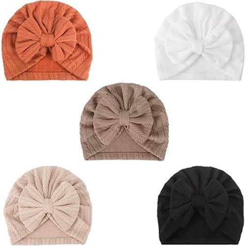 DRESHOW BQUBO 5 Pieces Newborn Baby Turban Hats Bow Baby Infant Beanie Breathable Toddler Cap for Baby Girls 3-12 Months