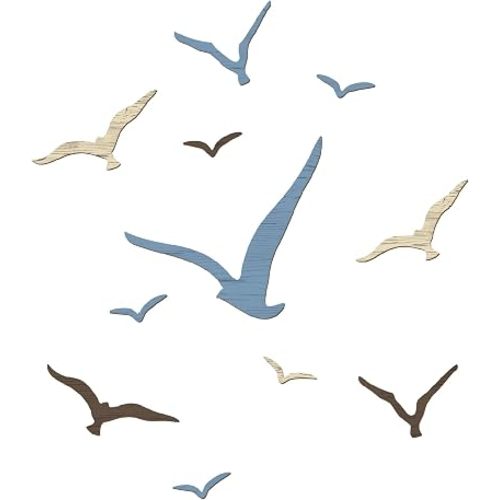 Wesiti 11 Pcs Wooden Seagull Wall Decor Nautical Theme Beach Coastal Art Small Seagull Sea Birds Wall Decor Ocean Adhesive Sculpture Vintage Ornaments for Home Bathroom(Dusty Blue)