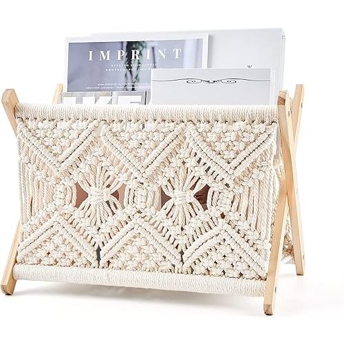 Mkono Macrame Magazine Rack Boho Storage Holder Standing Basket for Books, Newspapers, Swaddle Blanket, Dorm Essentials, Living Room, Bathroom, Office, Nursery, Home Decor, Medium Size, 14”L x 10”W