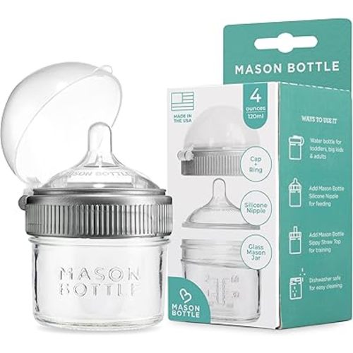 Mason Bottle 4oz Baby Glass Bottle with Breast Like Slow Flow Nipple, Cap+Ring - BPA Free, Non Toxic, Anti Colic Glass Baby Bottle, Glass Feeding Bottle for Babies