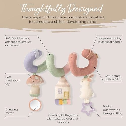 Itzy Ritzy Spiral Car Seat & Stroller Activity Toy - Stroller & Car Seat Toys for Ages 0 Months and Up - Hanging Toys Include Dangling Ring, Mirror and Textured Ribbons (Pastel Rainbow)