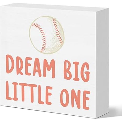 Baseball Nursery Desk Decor Sign, Sports Nursery Decor for Boy's Bedroom Playroom Toy Room Toddler Baseball Decoration Wooden Sign, Dream Big Little One