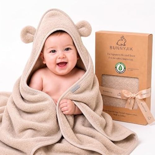 Turkish Organic Cotton Hooded Towels - Heritage Aegean Plush Bath Towels for Newborn, Best for Boys, Ultra Plush, Softest Towel — Petite Newborn Infant Bath Towel Fit (0–12 Months)