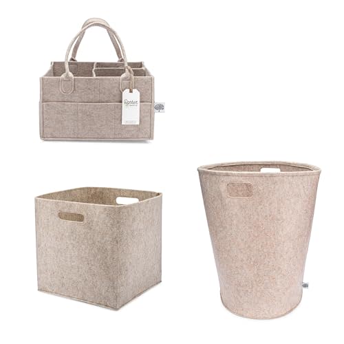 Parker Baby Co. Bundle Gift Set - Felt Collection - Includes Diaper Caddy, Large Laundry Hamper, Storage Cube Bin - Oatmeal