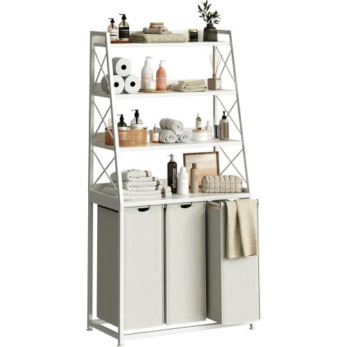 Laundry Basket, 3 Section Laundry Hamper with 4 Tiers Shelf, Pull-Out and Removable Laundry Bags, Large 3 x 15.87 Gallons, for Laundry Room Bathroom White PF05XLW