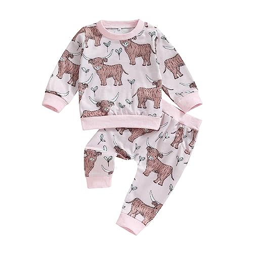 KtwHarnu Western Baby Boy Girl Outfit Cow Print Long Sleeve Crewneck Sweatshirt Elastic Waist Pants Set Fall Winter Clothes (Pink, 12-18 Months)
