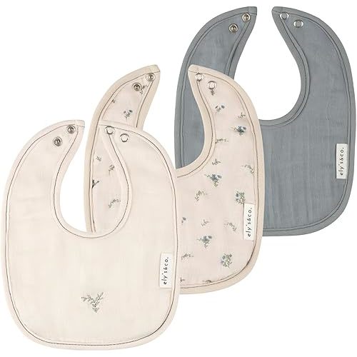 Ely's & Co. 100% Cotton Muslin Bib with Terry lining Soft & Absorbent for Infants, Adjustable Snaps 3 Pack 0-6 Months