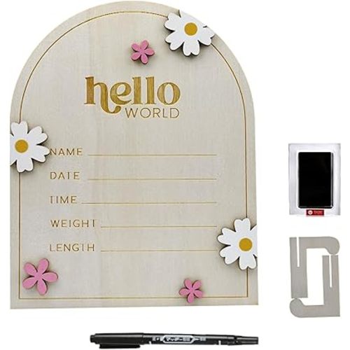 iEvolve Baby Announcement Sign Hello World Wooden Birth Name Sign Welcome Baby Newborn Board Butterflies and White Flowers Nursery Decor for Baby Girls Boys (WhiteDaisy)