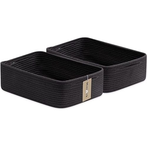 Large Shallow Organizing Baskets 15x11x5.1 Inches - Rope Woven Storage Bins for Bathroom, Shelves, Cube Closet, Black 2 Packs