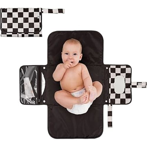 Portable Diaper Changing Pad, Foldable Waterproof Baby Change Pad for Newborn Girl & Boy with Smart Wipes Pocket (Black Checkers)