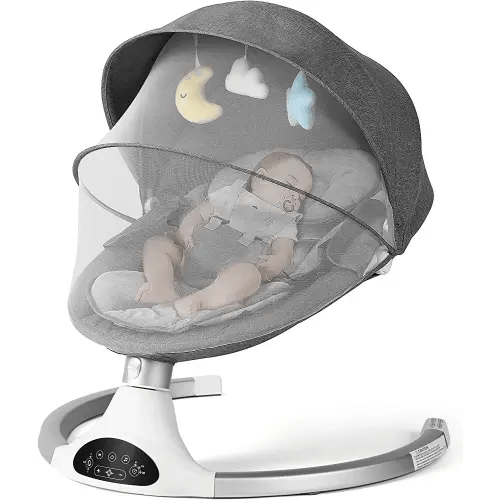 KIDINIX Infant Swing with Bluetooth, 10 Lullabies, 3 Speeds, Harness and Remote Control - Natural Rocking Motion, Hanging Toys Included, Grey