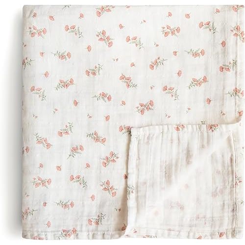 mushie Muslin Baby Swaddle Blanket | 100% Organic Cotton (Pink Flowers)