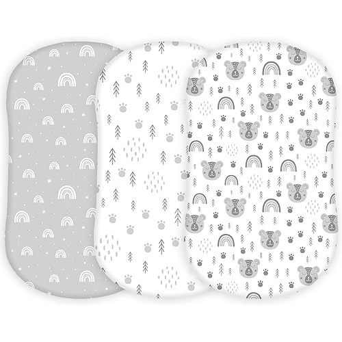 TansyPanda Bassinet Sheets for Halo Bassinest Swivel, Flex, Glide, Premiere and Luxe Series Sleeper, Pack of 3, 33 X 17 Inch, Ultra Soft and Snug Fit, Unisex Boys Girls, Gray White (Woodland Rainbow)
