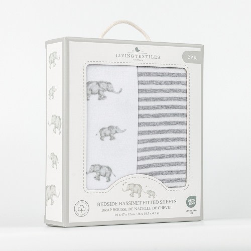 Living Textiles 2 Pack Bedside Bassinet Fitted Sheet Grey Elephant | Cradle | Baby Bunting AU