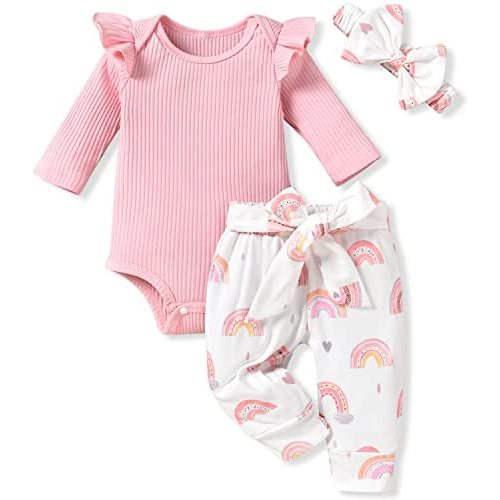 Aalizzwell Preemie Newborn Infant Baby Girls Clothes Ribbed Romper Bodysuit Pants Set Fall Winter Outfits