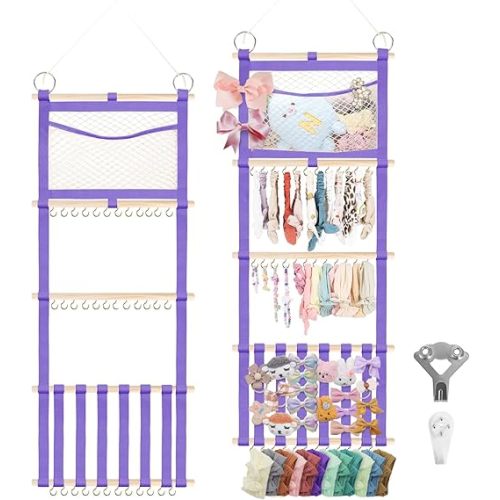 Munzong Headband Holder 52x17 inch, Extra Large Purple Hair Bow Clip Organizer for Baby Girls, 4 Tier Wall Hanging Headband Shelf w/Mesh Bag, Nursery Hair Accessories Storage Hanger for Toddler Women