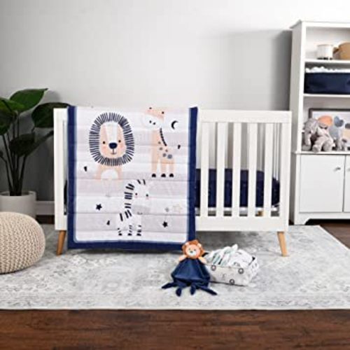 EXPRESSIONS 5 Piece Crib Bedding Set, Safari Includes Reversible Milestone Baby Blanket, 2 Standard Fitted Crib Sheets, Security Blanket & Storage Tote