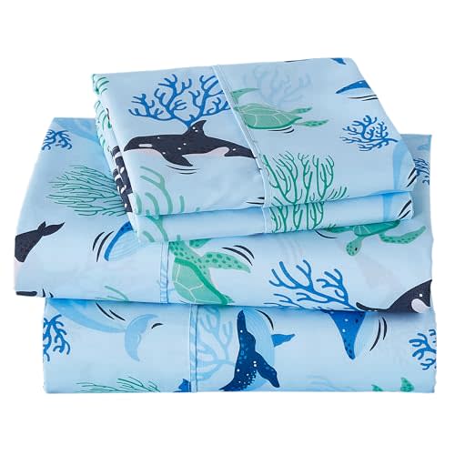Viviland 3 Pieces Boys Blue Ocean Twin Sheet Set - Soft Microfiber Fitted Flat Sheets & Pillowcase - Blue Ocean Whales, Sea Turtles, Marine Organisms Bedding Sets - for Kids & Toddlers