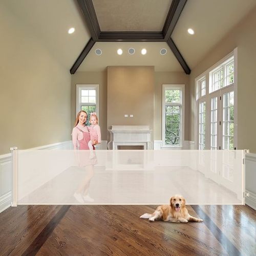 WOMHOM 100 Inch Extra Long Retractable Dog Gate for The House Extra Wide Baby Gate Retractable Baby Gates Toddler Gate Extra Large Pet Gate Outdoor Retractable Gate Child Gate for Wide Opening (Beige)